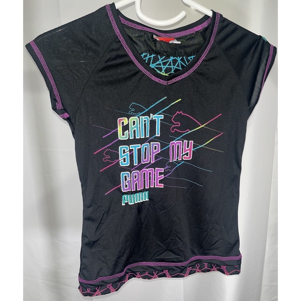 Puma 'Can't Stop My Game' Girls Active Top Size Large Black Purple Blue V Neck